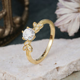 Round Moissanite Brilliant Sparkle Leaf Engagement Ring Nature Inspired Ring for women